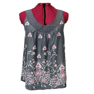 Part 2 silk blend, scoop neck sleeveless blouse, wide collar  band, border print